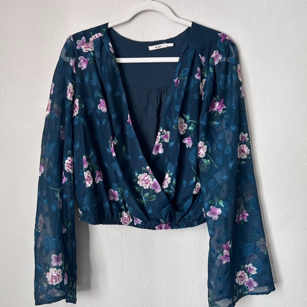 Francesca's teal floral crop blouse with sheer sleeves